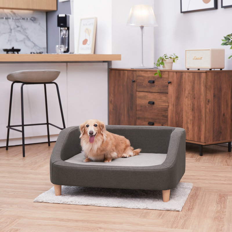 Gray Linen Elevated Pet Sofa with Washable Cushion