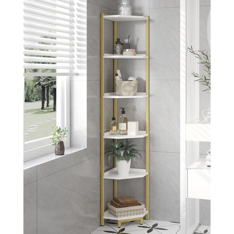 Corner Shelf Stand, Corner Bookshelf, Storage Standing Shelf Unit with Metal Frame, Plant Stand, Bookcase for Living Room, Home Office, Bedroom, 6-Tier White Gold