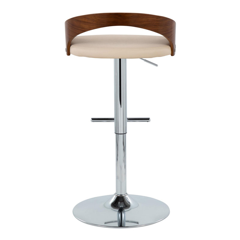 Walnut and Chrome Adjustable Swivel Barstools with Beige Upholstery