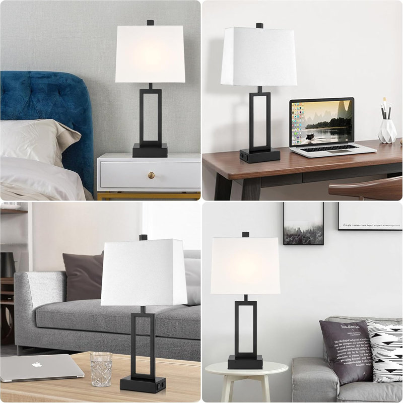 23.5" Black Metal Touch Control Table Lamps with White Linen Shade, Set of 2