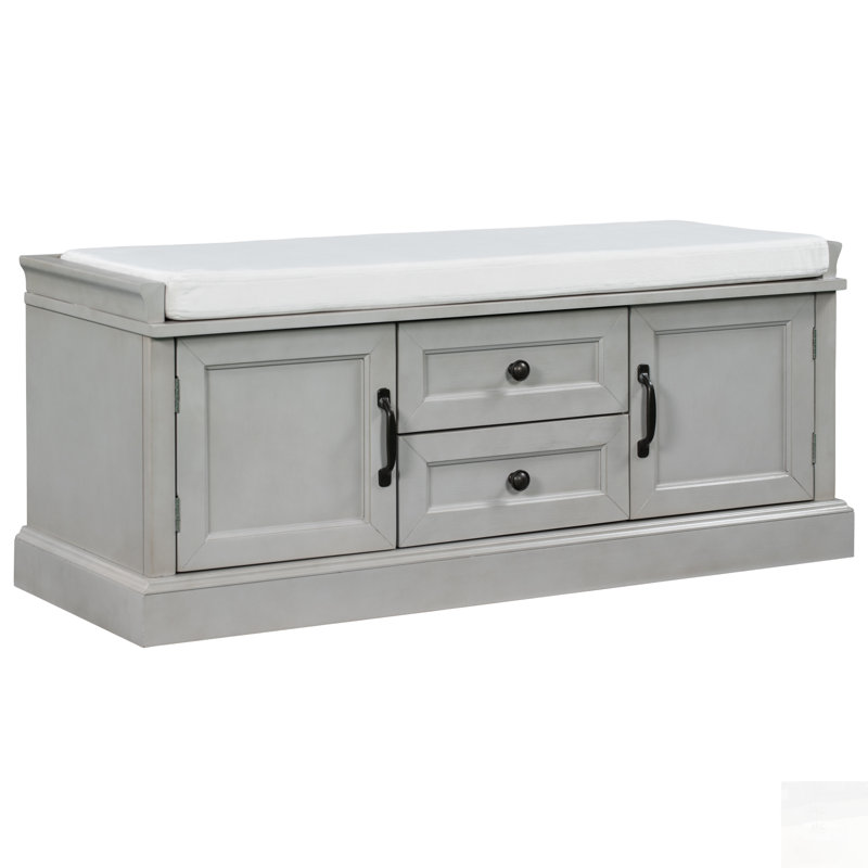 Banc de rangement avec 2 tiroirs et 2 armoires, banc à chaussures avec coussin amovible pour le salon, vestibule, Grey Wash