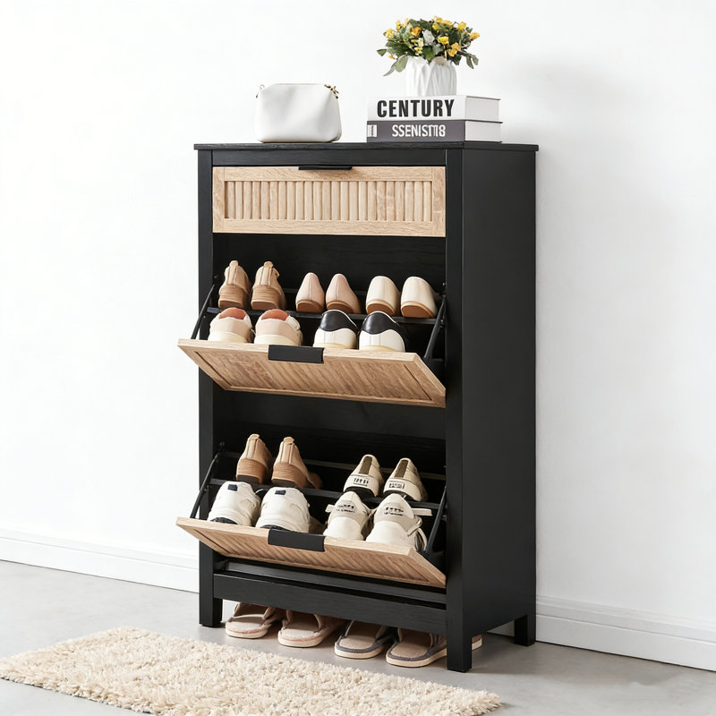 Slim 2-Drawer Flip-Top Entryway Shoe Cabinet, Black/Oak