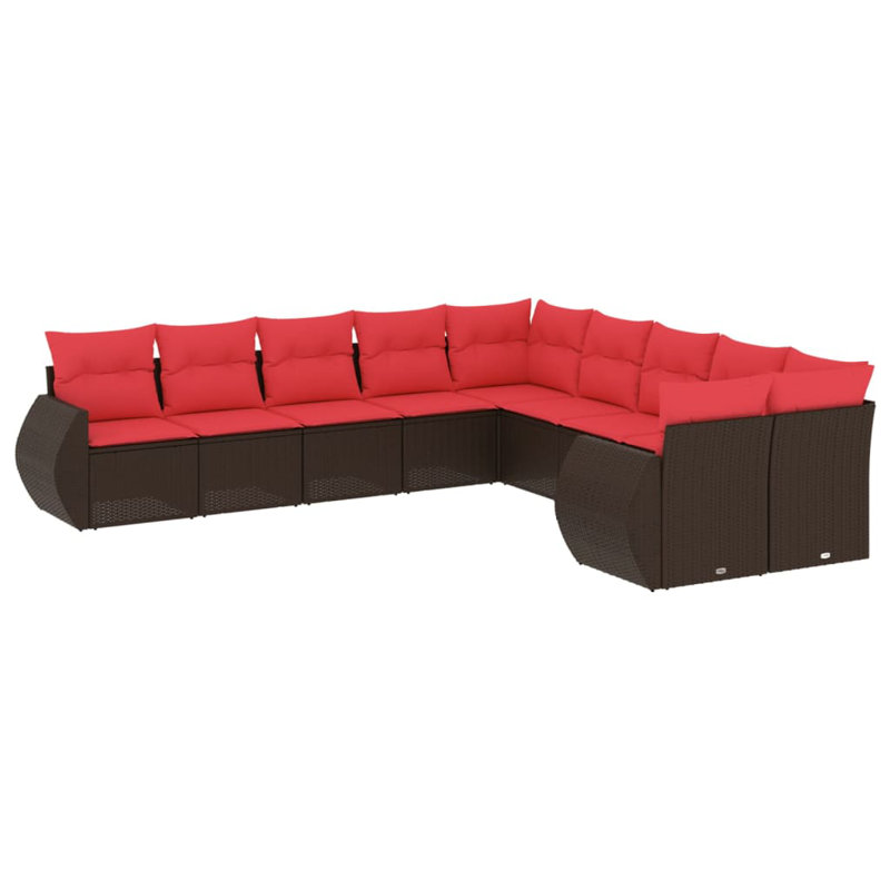 Ensemble de canapé de patio 11 pièces avec coussins en rotin de polyester noir, Coussin rouge / cadre brun