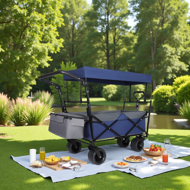 Avec poignée-poussoir, chariot pliable de 480 lb avec auvent, chariot de chariot avec roues tout-terrain de 7 po, chariot pliable léger, grande capacité de camping