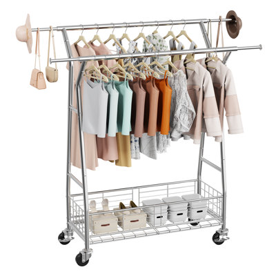 Portant pour vêtements, support à vêtements roulant avec 2 tringles de suspension et panier de rangement, capacité de charge de 330 lb, supports à vêtements extensibles en acier au carbone avec roulettes pour la chambre à coucher, la buanderie et le salon