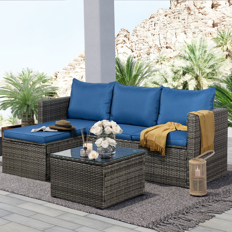  3 Piece Outdoor Sectional Patio Sofa, All-Weather Wicker Rattan Outdoor Furniture Set With Glass Table And Cushions, Gray