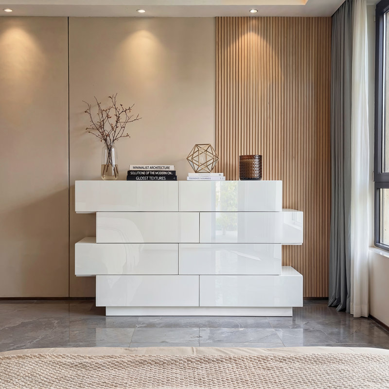 8 Drawer Double Dresser With High Gloss Surface, White
