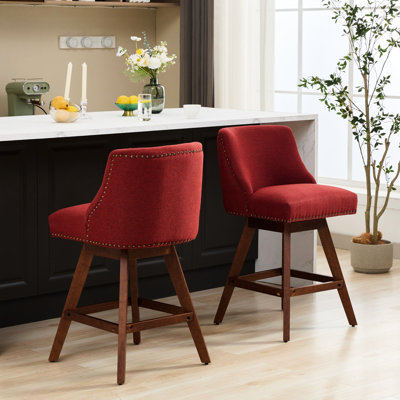 Counter Height Swivel Of 2, 26'' Seat High, Wine Red Upholstered, 360-Degree Rotatable For Comfortable Eating, Soft Foam And Steel Spring Filler, Curved Back Being, American Design, Rubberwood Stool