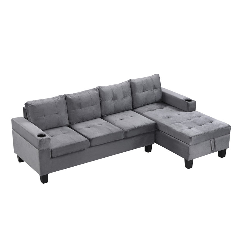 Sectional Sofa Set For Living Room With L Shape Chaise Lounge ,Cup Holder And Right Hand With Storage Chaise Modern 4 Seat (Grey) --Right Chaise With Storage