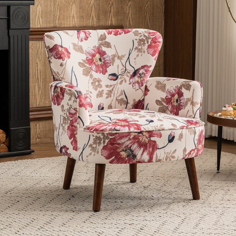 Upholstered Mid Century Modern Floral Accent Armchair with Solid Wood Legs, Red