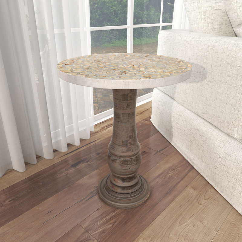 Mango Wood Handmade Turned Gray Side End Accent Table with Brown Mosaic Wood Chip Tabletop
