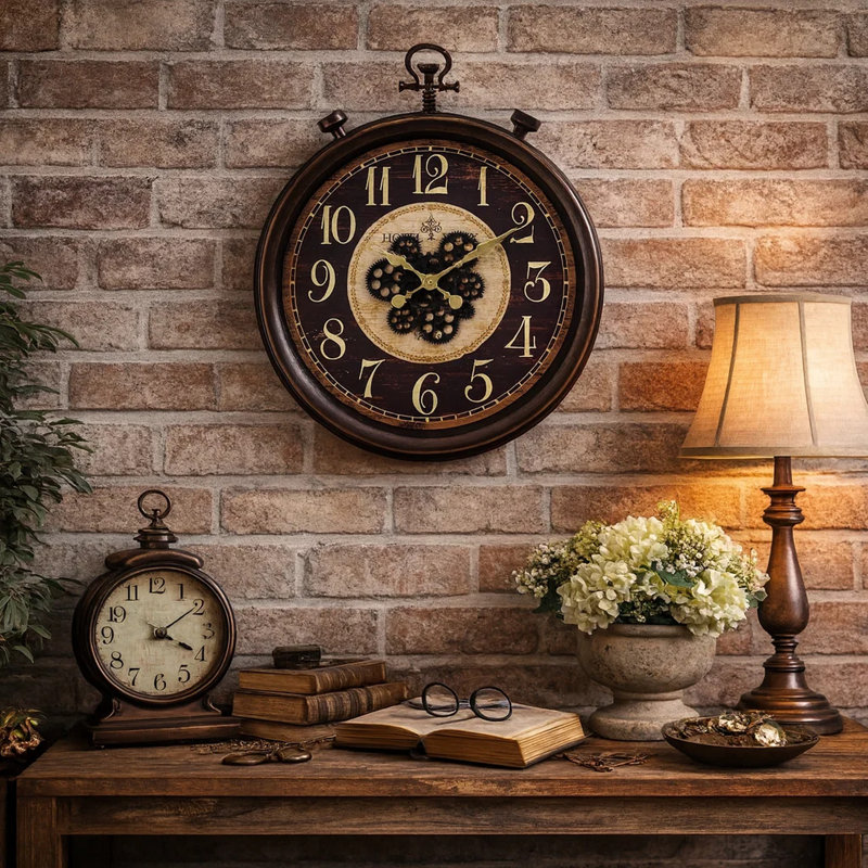 Horloge murale ronde Wily, mécanisme de changement de vitesse, 24 po, brun rétro, Brun rétro