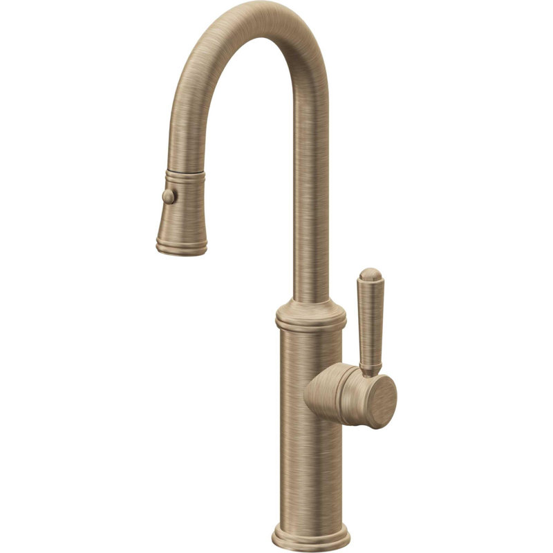 Davoli Pull-Down Prep/Bar Faucet with Button Sprayer, Antique Brass Flat
