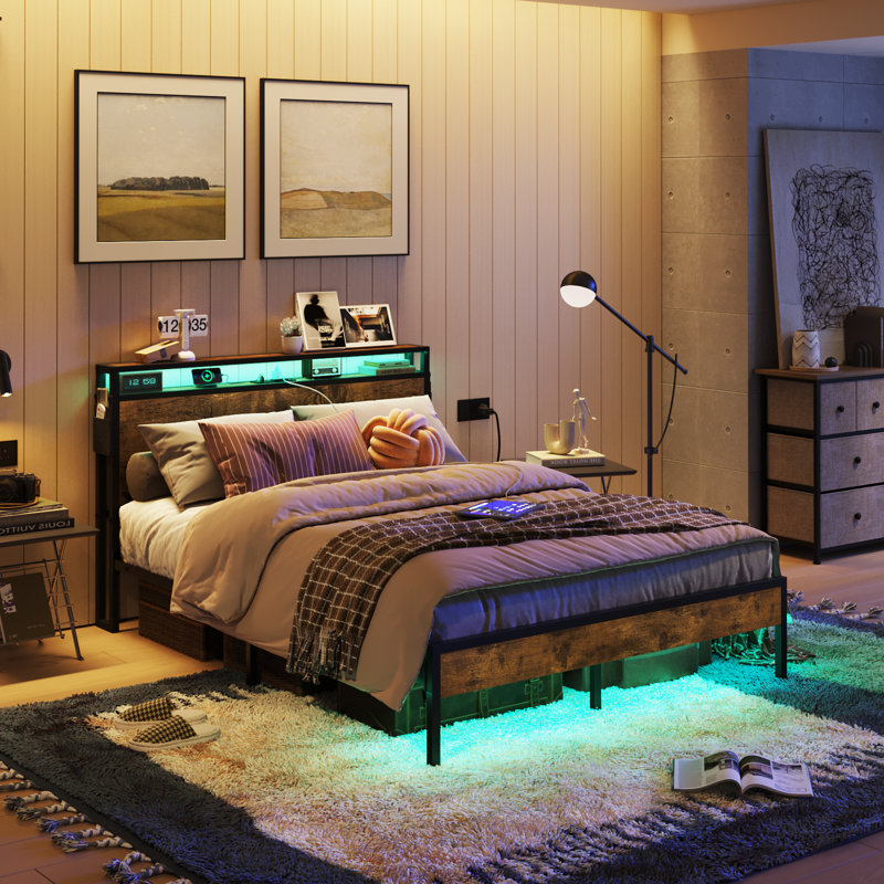 Queen Metal Bed Frame with Rustic Wood Storage Headboard and LED Lights