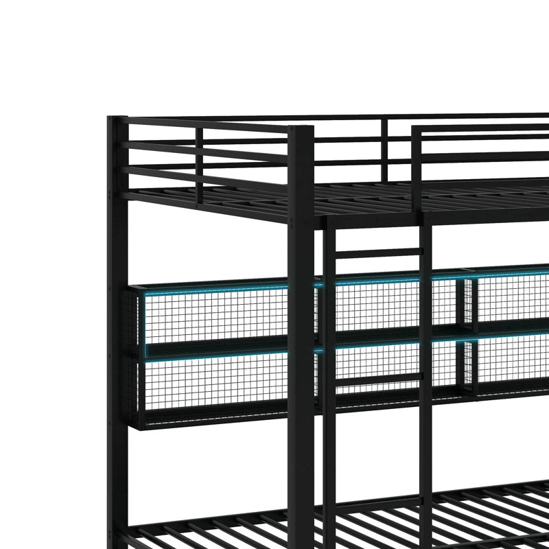 Metal Queen Over Queen Bunk Bed With Storage Cabinets And LED