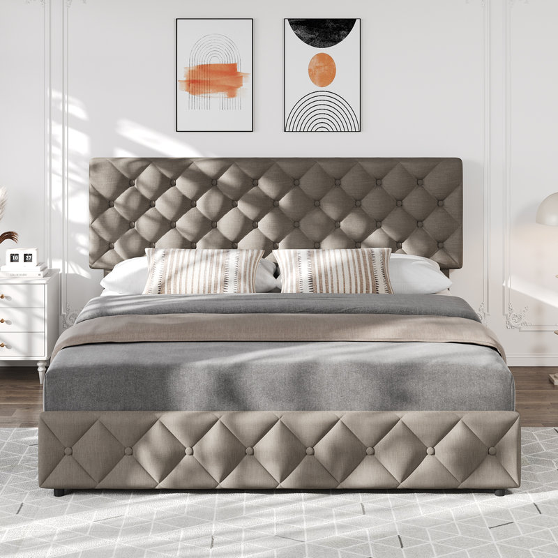 Queen Size Bed Frame With Adjustable Headboard And 4 Storage Drawers, Linen Upholstered Platform Bed Frame, Light Grey, Queen