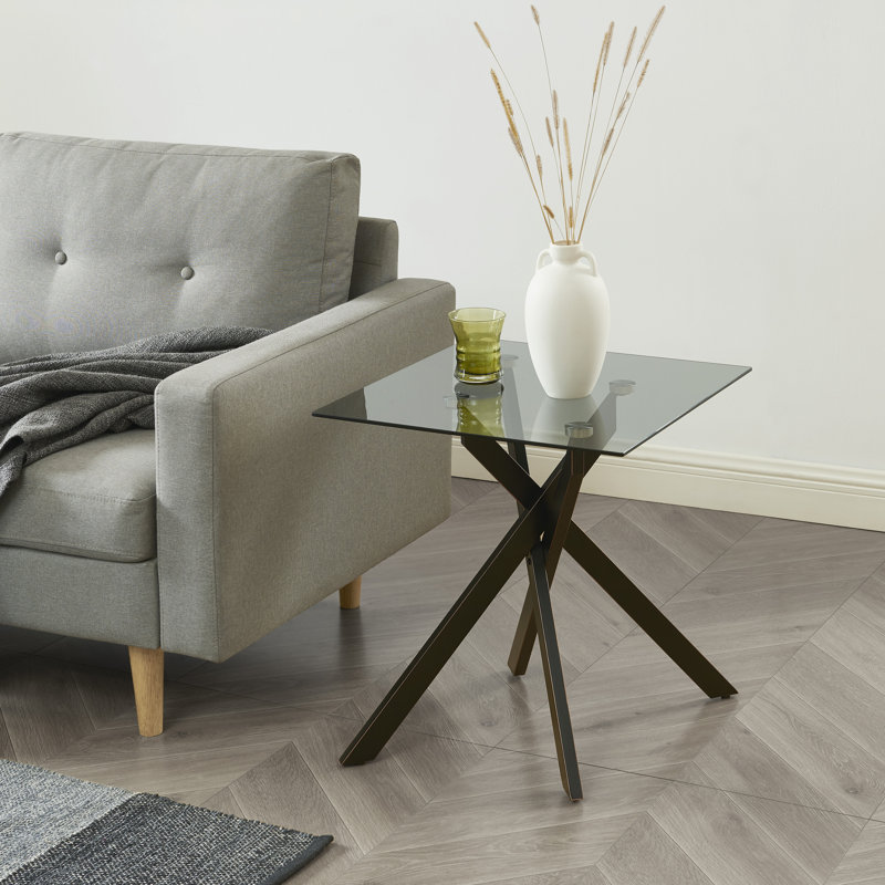 Square End Table With Glass Top, Black