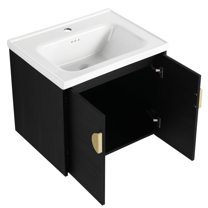 Armoire de salle de bain murale 60 "avec lavabo et tablettes - Châtaignier noir, tiroir de salle de bain moderne à fermeture en douceur, couleur châtaignier