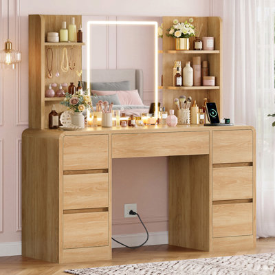 Vanity Desk with LED Lighted Mirror & Charging Station, Makeup Vanity with 7 Drawers &  5 Jewelry Hooks, Vanity Table for Bedroom, Natural