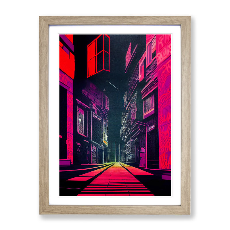 Neon City Architecture - Framed Print, 34cm H x 25cm W x 2cm D, Oak