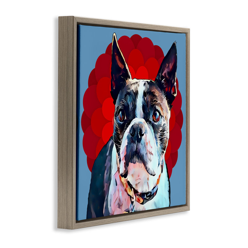 «Boston Terrier Dog over Geometric», toile encadrée dorée encadrée par Kim Curationa, Cadre flottant orme Montalcino