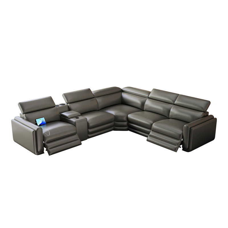 Gesina Oversized Dual Power Reclining 5-Seater Sofa with Console, Bluetooth Speakers & Storage,  Leathaire
