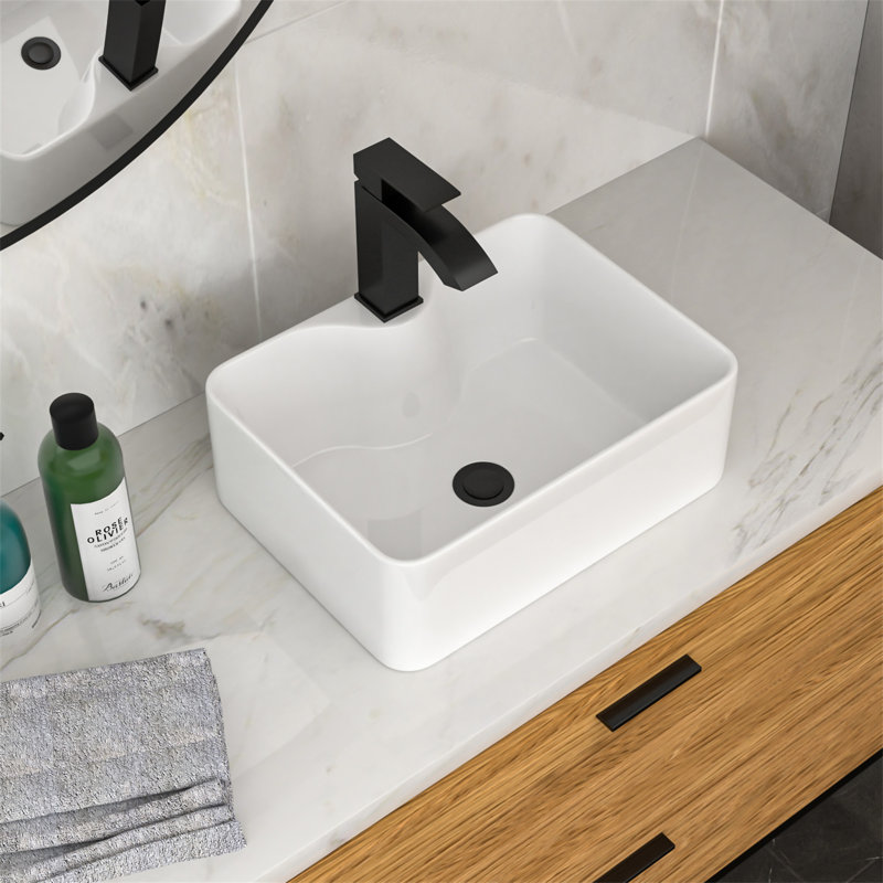 16"X12" White Ceramic Rectangular Vessel Bathroom Sink With Black Faucet & Black Drain
