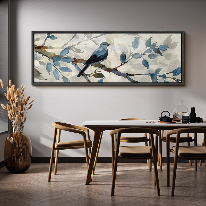 «Animals Tranquil Blue Birds On Tree Branches On Canvas», reproduction de 2 pièces, H 20 po x l 60 po, Noir, noir, noir, noir