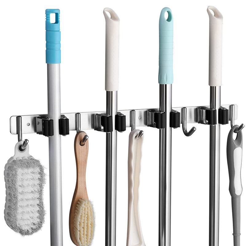 Stainless Steel Broom Storage with 4 Racks and 5 Hooks, Black