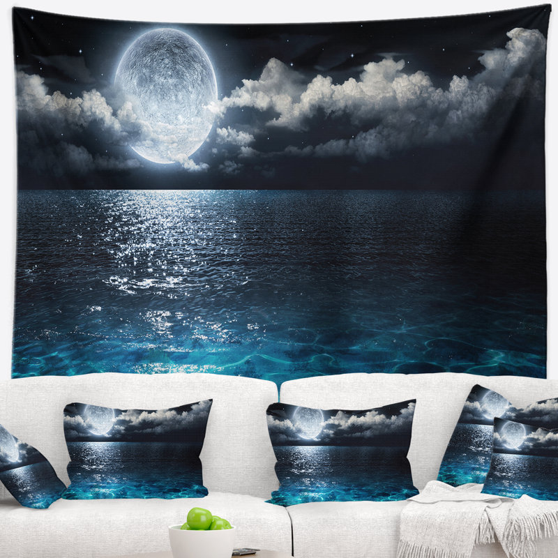 Tapisserie pleine lune sur mer seascape romantique, H 68 po x l 80 po