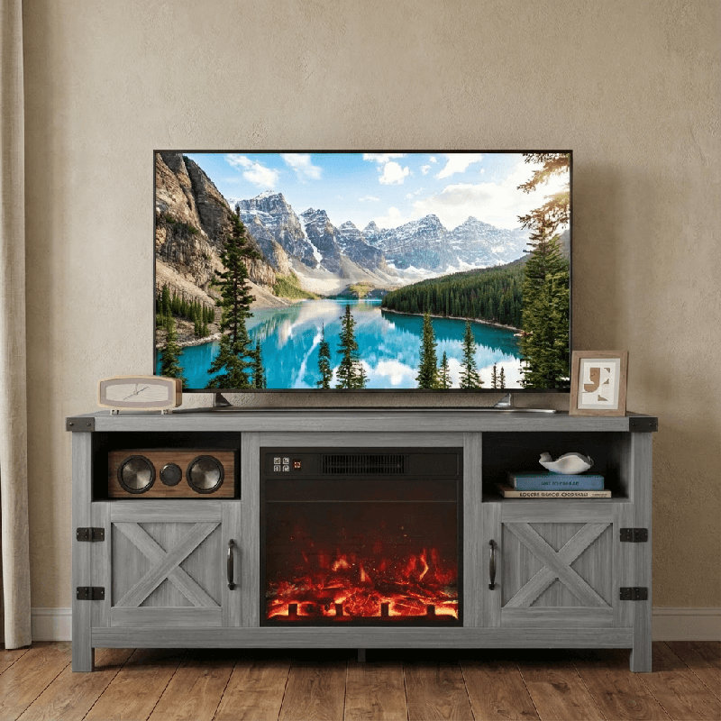 58" W Farmhouse TV Stand Fireplace, Gray