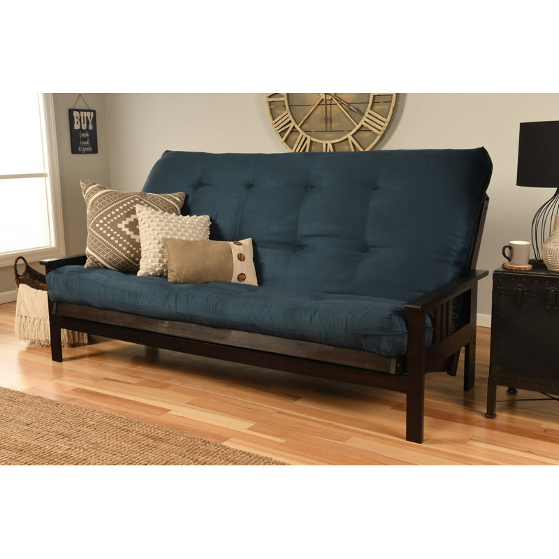 Johnte Queen 86" Futon Frame and Mattress, Blue Microsuede, Espresso, Premium Pocket Coil