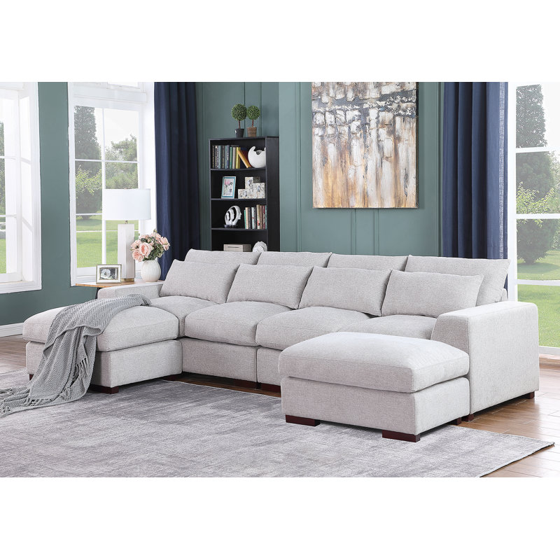 Canapé modulaire en lin avec 2 repose-pieds, Lin gris pâle