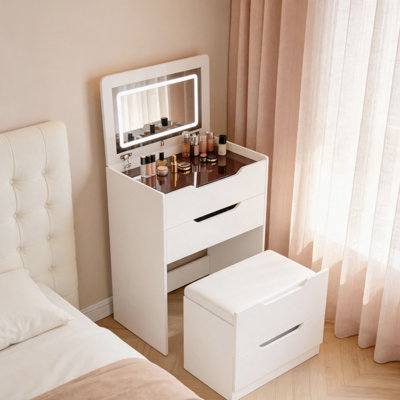 Meuble-lavabo 3 en 1 de 23,6 po de large avec miroir à DEL et 3 tiroirs, coiffeuse de maquillage multifonctionnelle, table de chevet et bureau pour les petites chambres