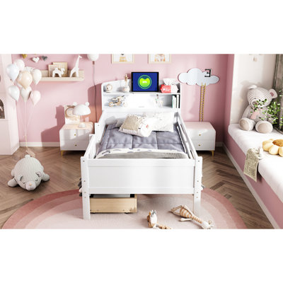 Lit plateforme simple en bois avec tête de lit à DEL, tête de lit fonctionnelle, tête de lit multifonctionnelle et 2 compartiments de tiroir avec garde-corps de couleur blanche