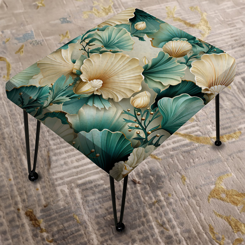 White And Teal Coastal Vintage Seashells - Floral Rectangle Ottoman
