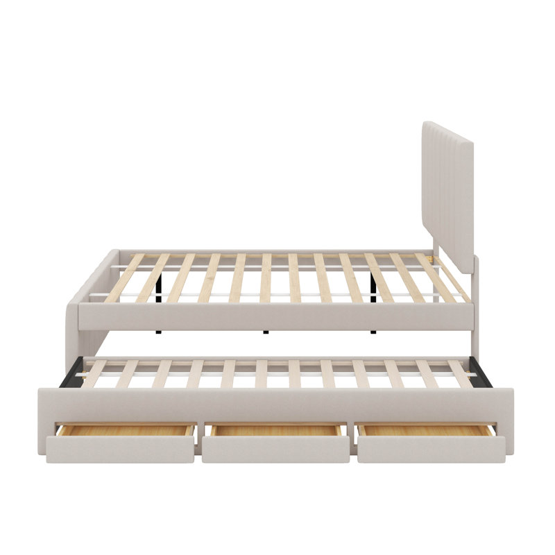 Lit plateforme double avec lit gigogne et tiroirs, Beige