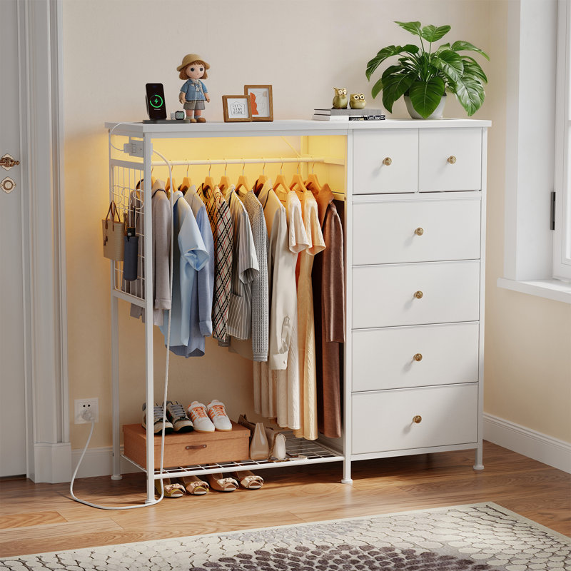  6 Drawer Dresser with Hanging Rack and Shoe Rack, Fabric Storage Dresser with Charging Station and LED Lights for Bedroom, Closet, Entryway