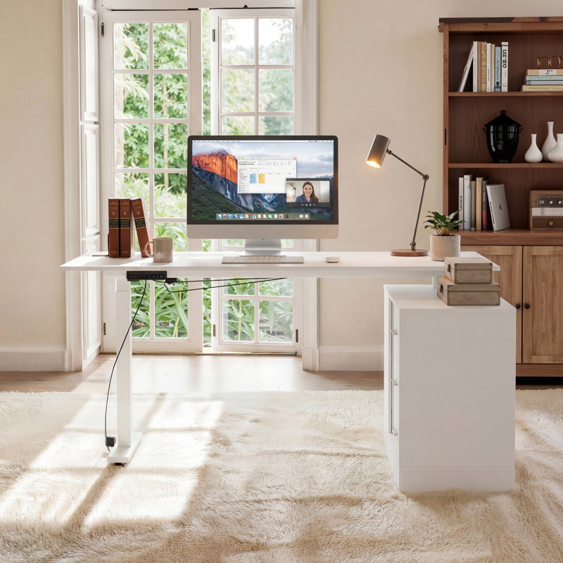 Lorentz Adjustable L-Shaped Metal Base Standing Desk, White/White