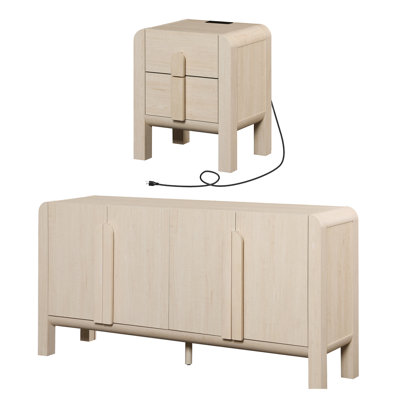 Mid-Century Modern Dresser And Nightstand Set For Bedroom, 2 Pcs Bedroom Set With Curved Profile Design, Wooden Chest Of Drawers Storage Cabinet Set