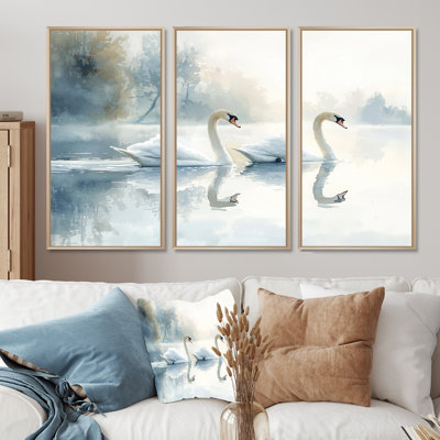 Tranquility Swans On The Lake III - Art mural encadré oiseau - ensemble de 3