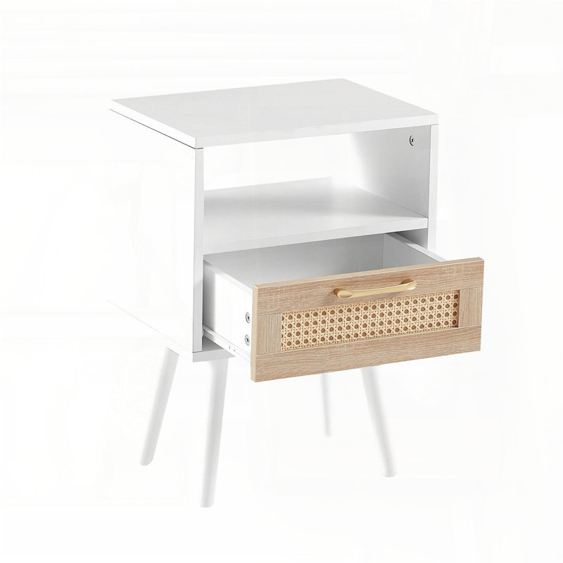 Table de bout en rotin avec tiroir et pieds en bois massif - Blanc, Blanc