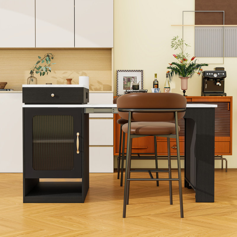 Kitchen Island with Extendable Dining Table, Double-Sided Storage, Power Outlet and Adjustable Shelves, Black
