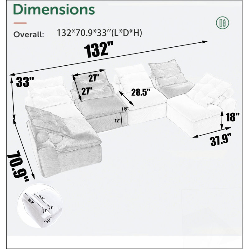 Canapé modulaire sans accoudoirs avec accoudoirs lombaires en velours côtelé 6 pièces, Beige