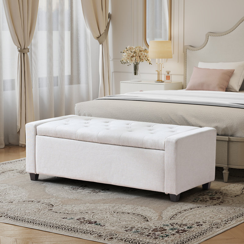 48" Upholstered Storage Ottoman Bench with Safety Hinges – Button Tufted Entryway & End-of-Bed Bench,Gray, Beige