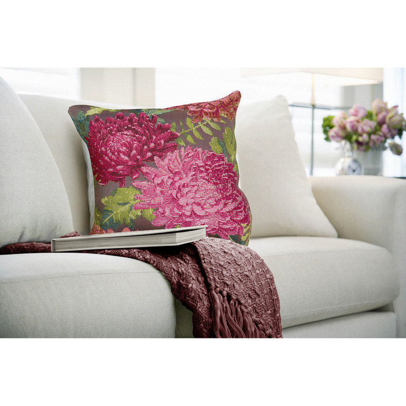 Fuchsia and Green Floral Polypropylene Indoor/Outdoor Pillow, 18" x 18"