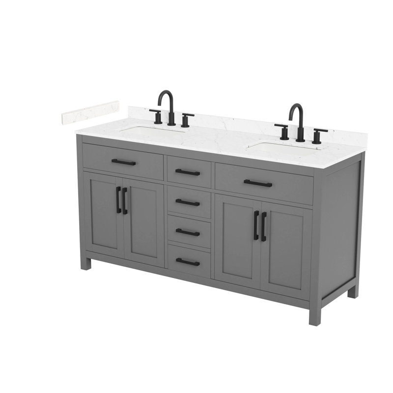 Ensemble de meuble-lavabo double Beckett, Gris foncé avec bordure noir mat, Comptoir en marbre de culture de Carrare
