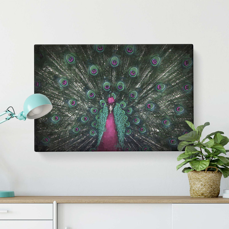 Mesmerising Pink & Green Peacock - Unframed Graphic Art - Wrapped Canvas, 50cm H x 76cm W x 3cm D