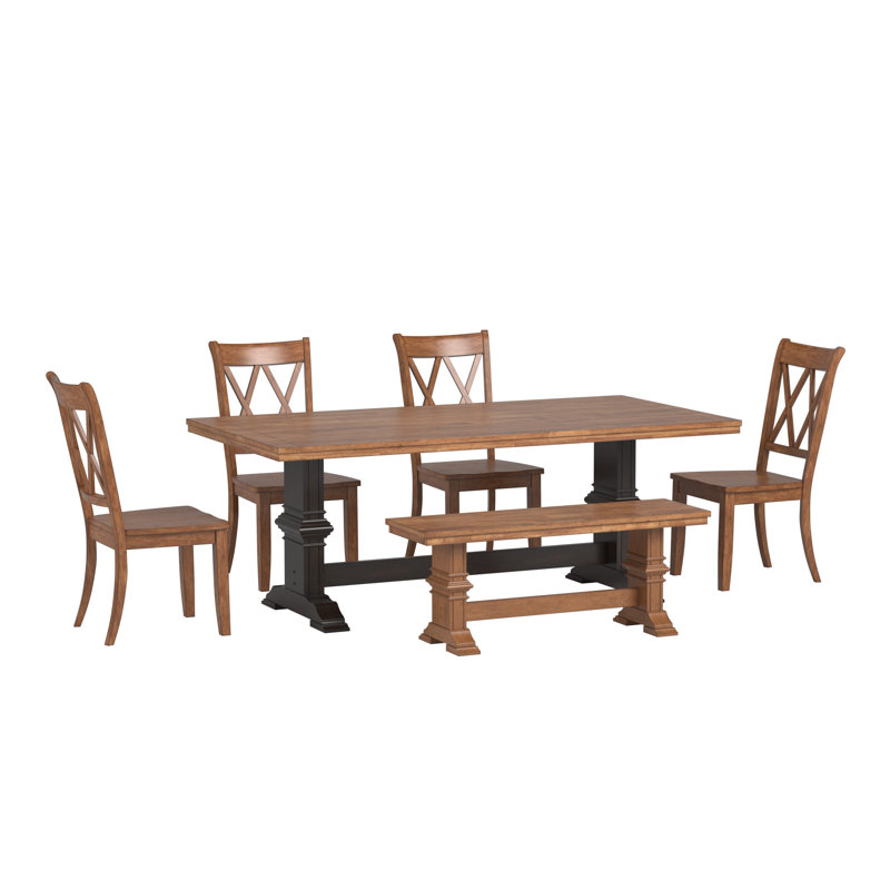 Sloan 78" Solid Wood Oak Finish Top Dining Set With X-Back Chairs - 7-Piece, Antique Black Base Table, Oak Finish Base Chairs And Bench