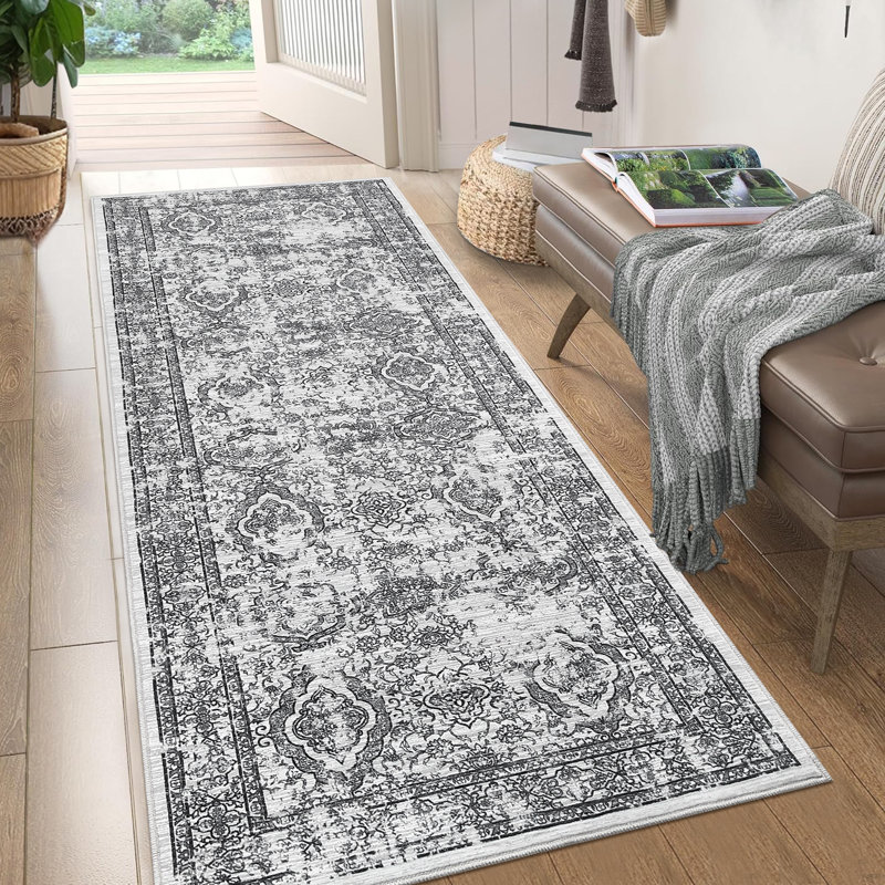 Non Slip Vintage Floral Floor Cover Non-Slip Thin Soft Retro Carpet Foldable Low-Pile Distressed Throw Rug for Dining Room Living Room Home Nursery